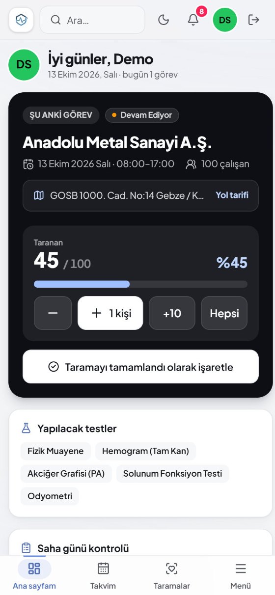Saha personeli ekranı: şu anki görev Anadolu Metal Sanayi, yol tarifi, 45 / 100 kişi sayacı ve yapılacak testler.