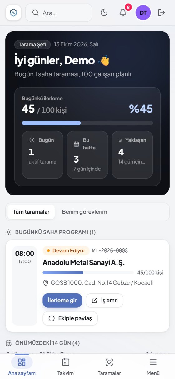 Tarama şefinin telefon ekranı: bugünkü ilerleme 45 / 100 kişi, saha programı ve ilerleme girme, iş emri, ekiple paylaşma düğmeleri. Fiyat ve ciro yok.